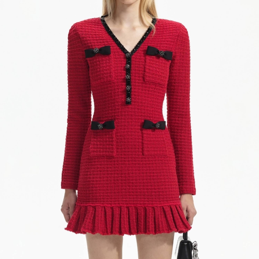 Self-Portrait Textured Knit Long-Sleeve Dress - Red with Black Details - Small